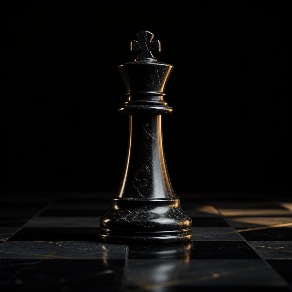 Black marble chess king on a dark obsidian board